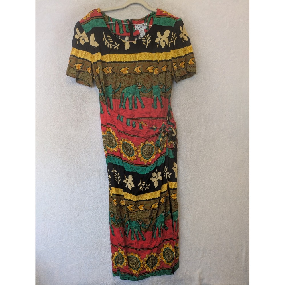 W2 Faux Wrap Maxi‎ Dress Women's Size 10 Multicolor Elephant Sunflower Vintage